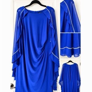 Flowing Cobalt Blue Long Sleeve Draped Evening Dress